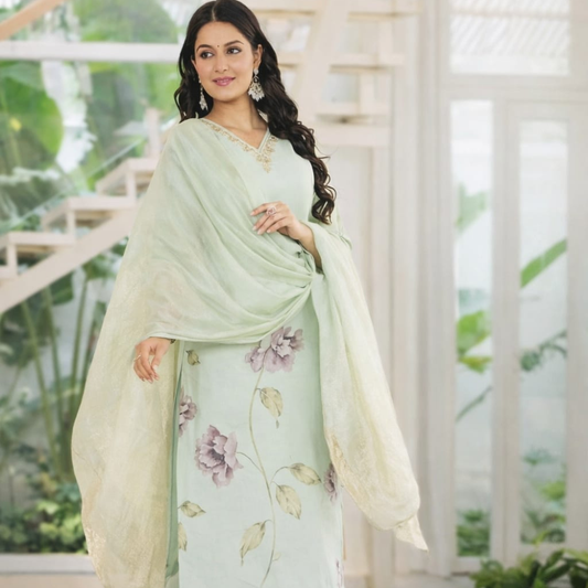 Pastel Floral Kurti Set with Dupatta