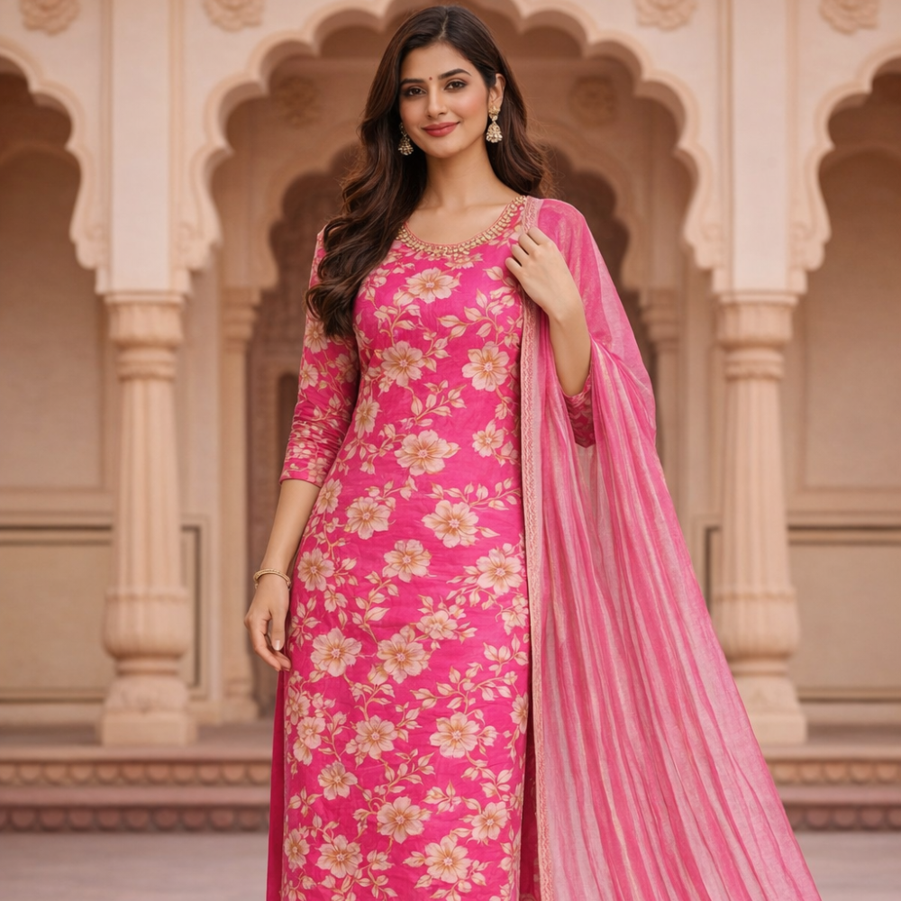 Pink Floral Kurti Set with Dupatta