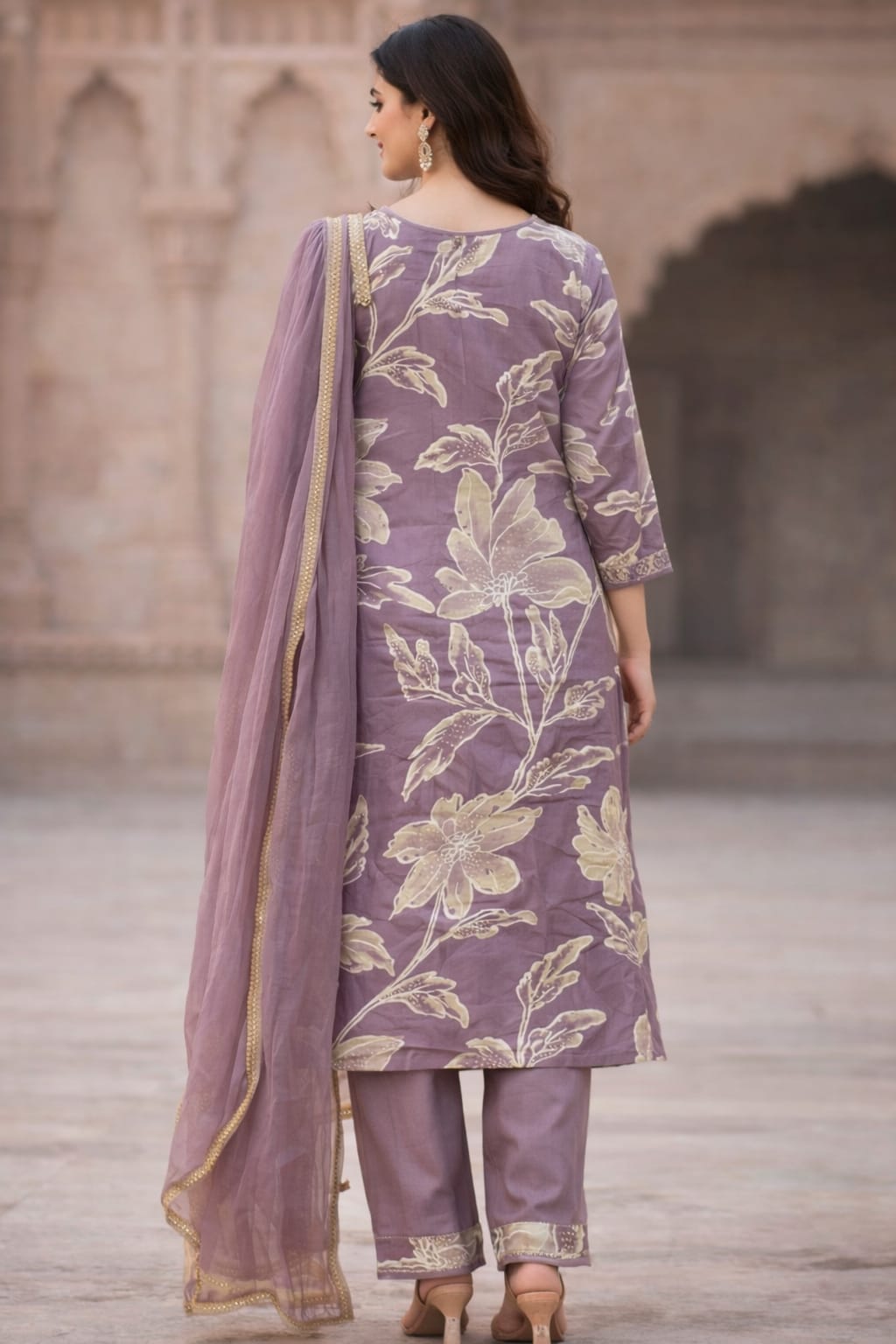 Mauve Floral Kurti Set with Dupatta