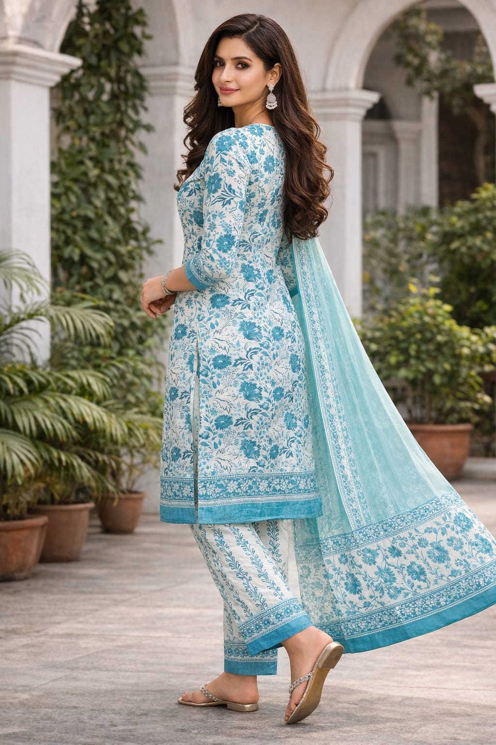 Teal Floral Kurti Set with Matching Dupatta