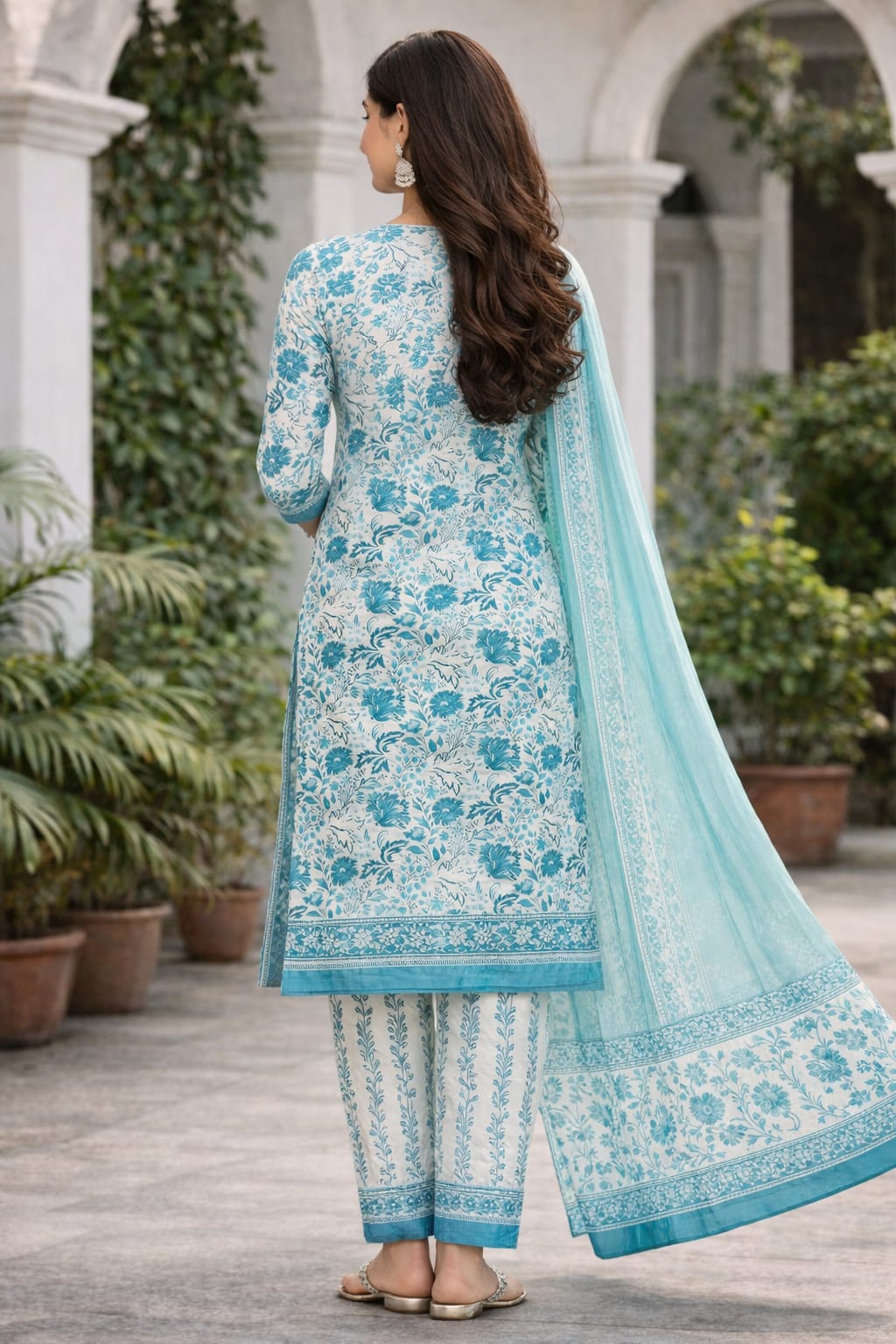 Teal Floral Kurti Set with Matching Dupatta
