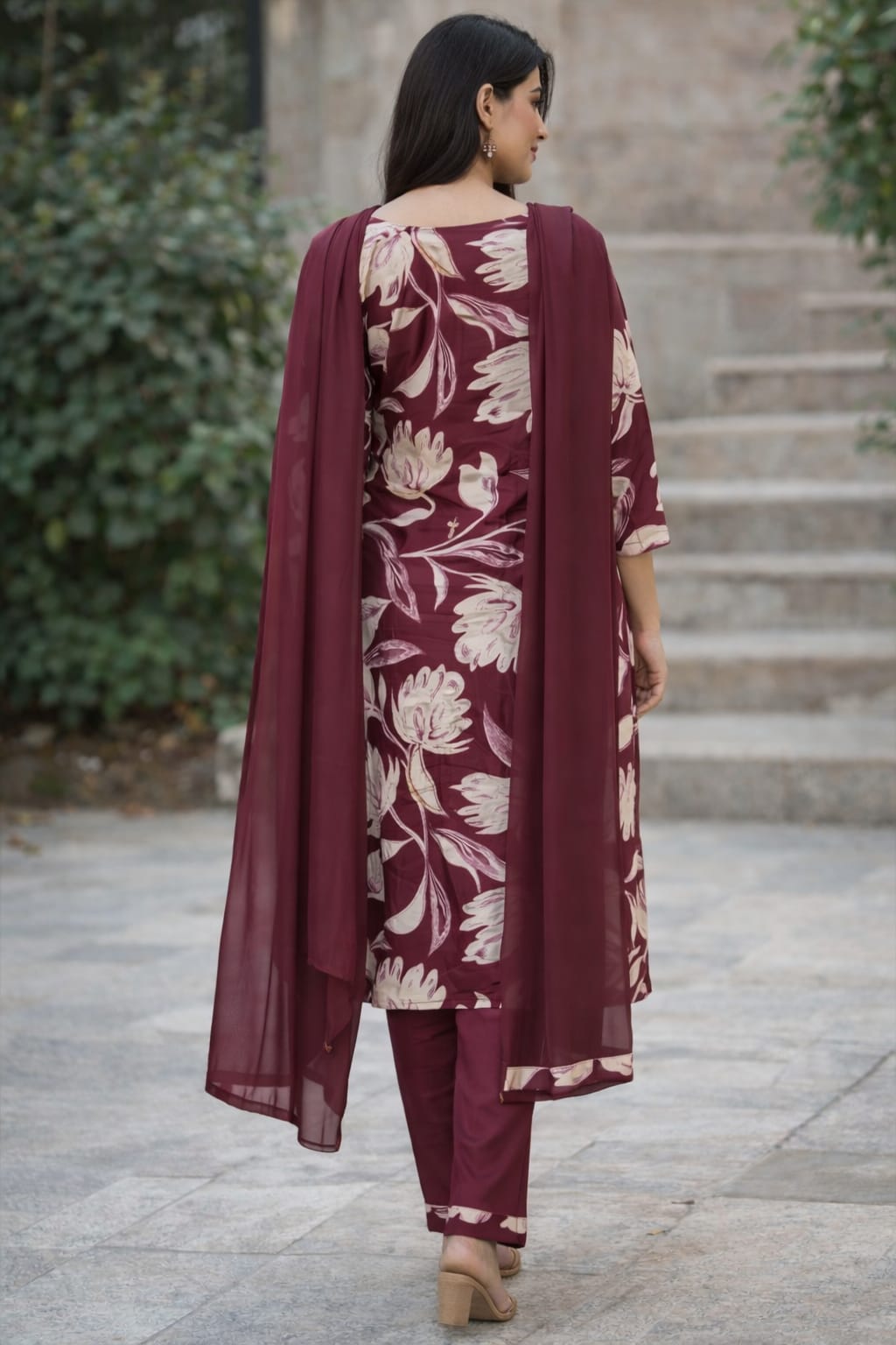 Royal Wine Floral Kurti Set with Dupatta