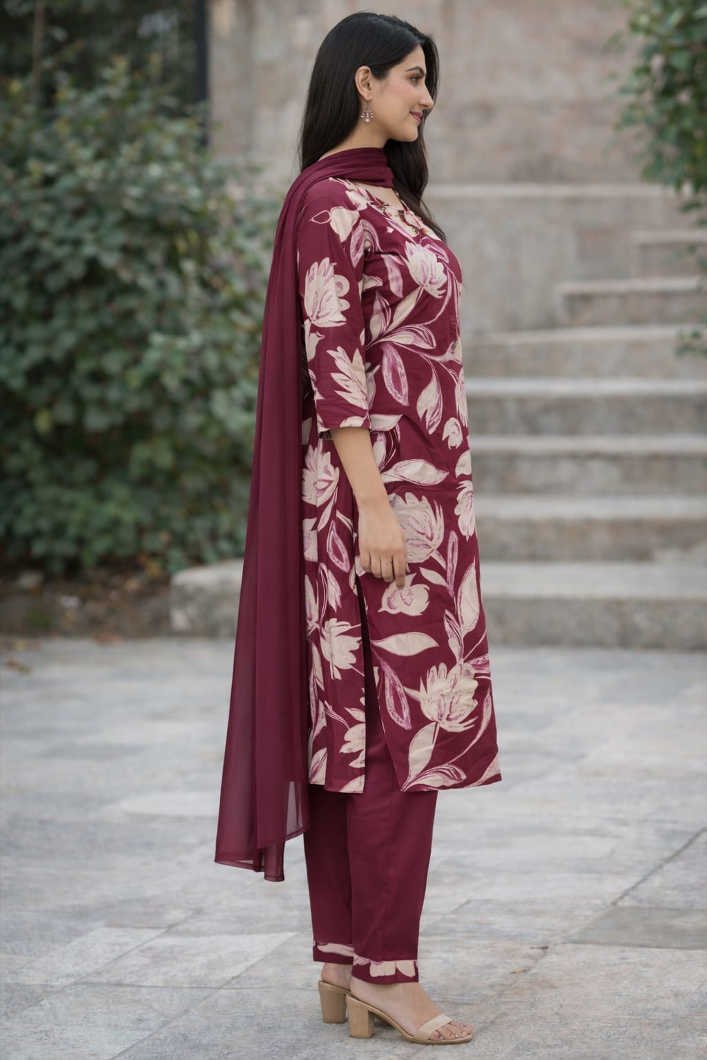 Royal Wine Floral Kurti Set with Dupatta