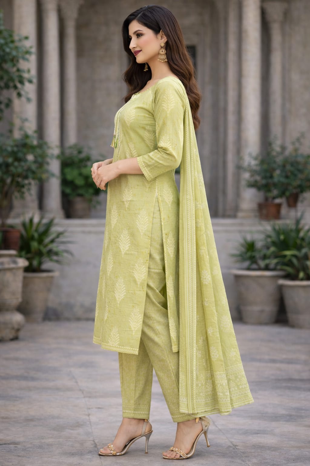 Fresh Lime Elegance Kurti Set with Dupatta