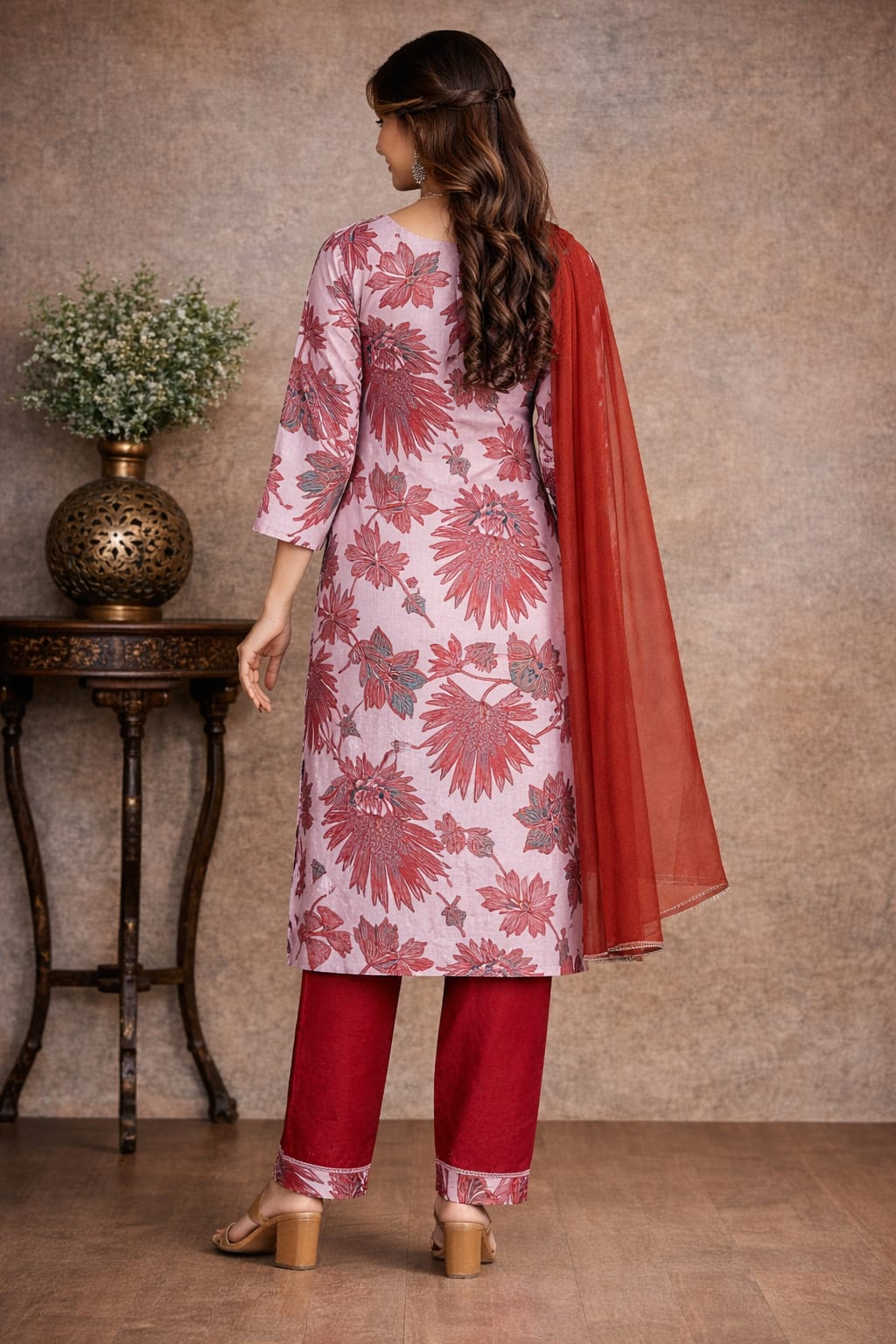 Blush Red Floral Kurti Set with Dupatta