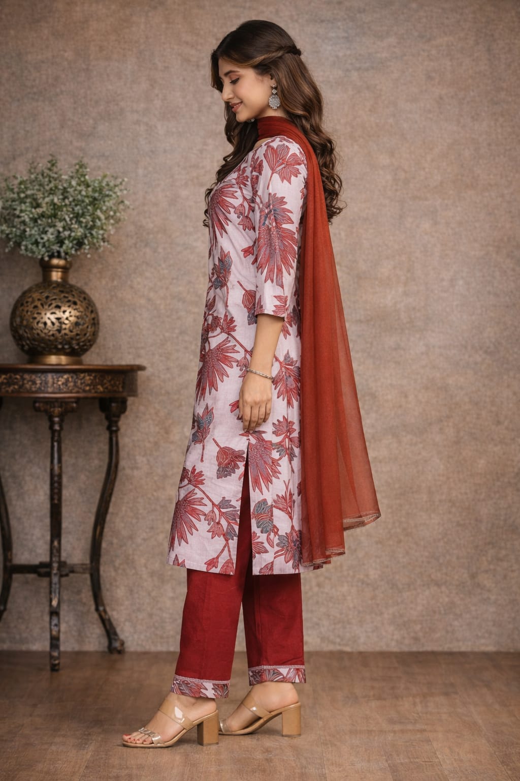 Blush Red Floral Kurti Set with Dupatta