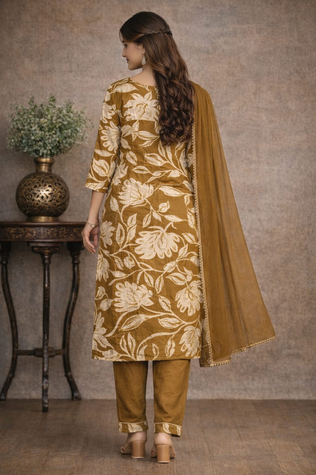 Golden Earth Floral Suit Set with Dupatta