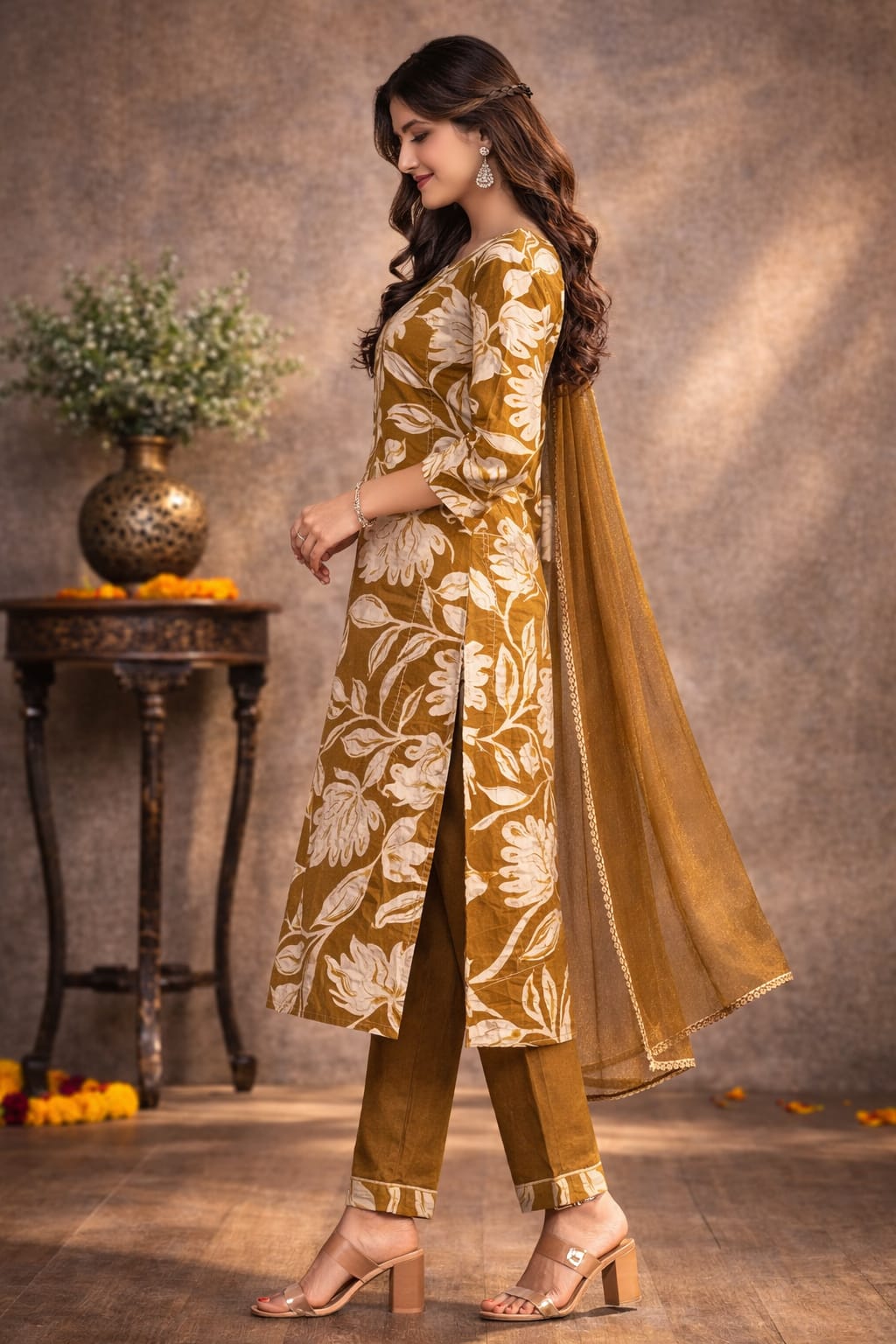 Golden Earth Floral Suit Set with Dupatta
