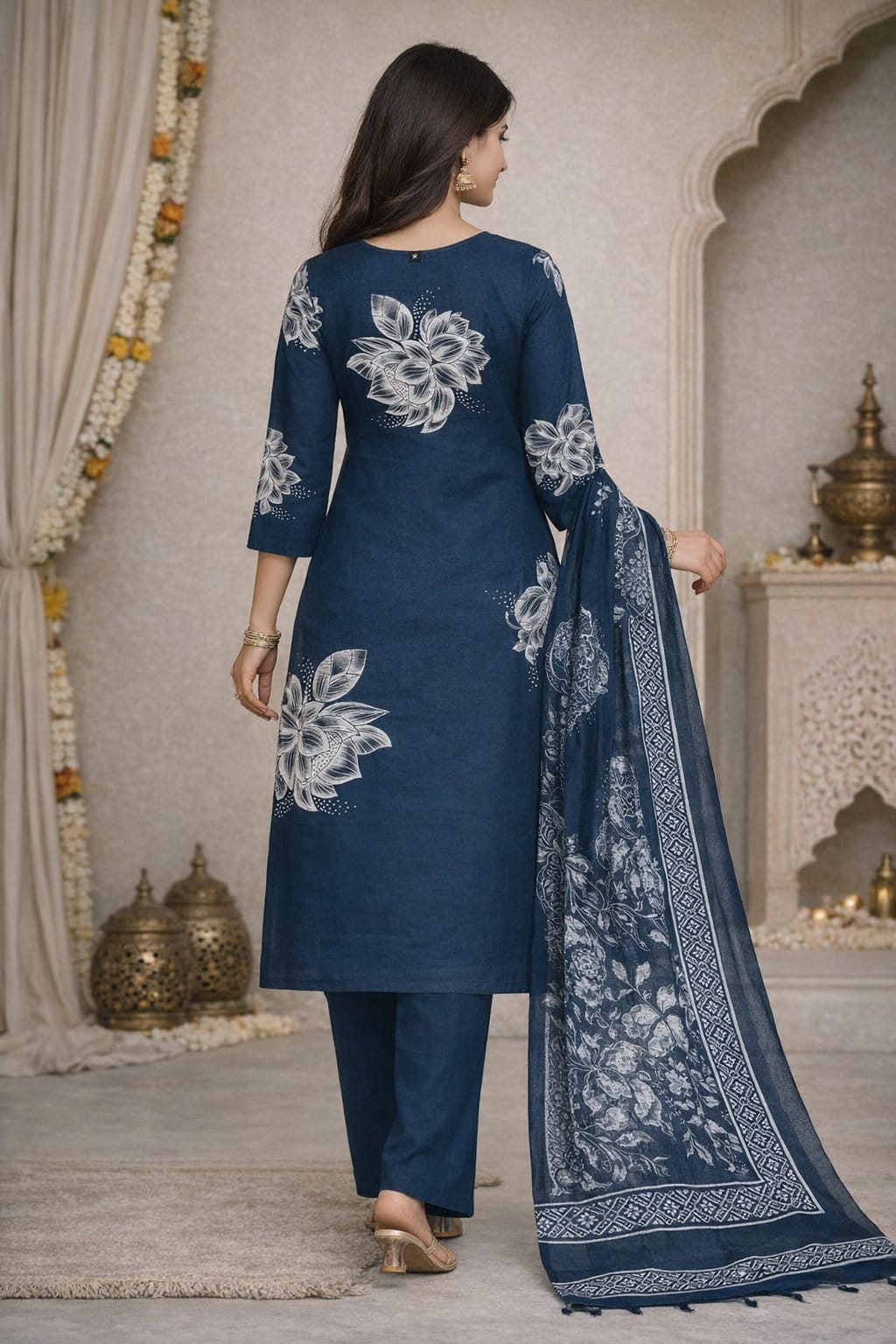 Classic Blue Floral Kurti Set with Dupatta