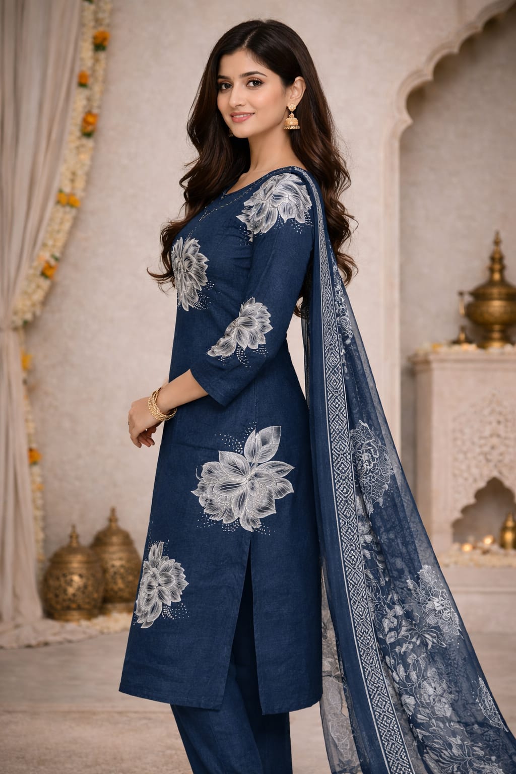 Classic Blue Floral Kurti Set with Dupatta