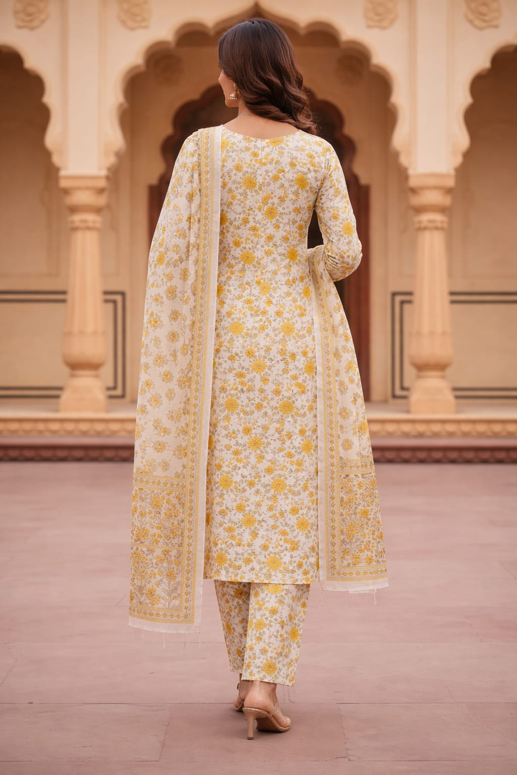 Mustard Floral Kurti Pant Dupatta Set